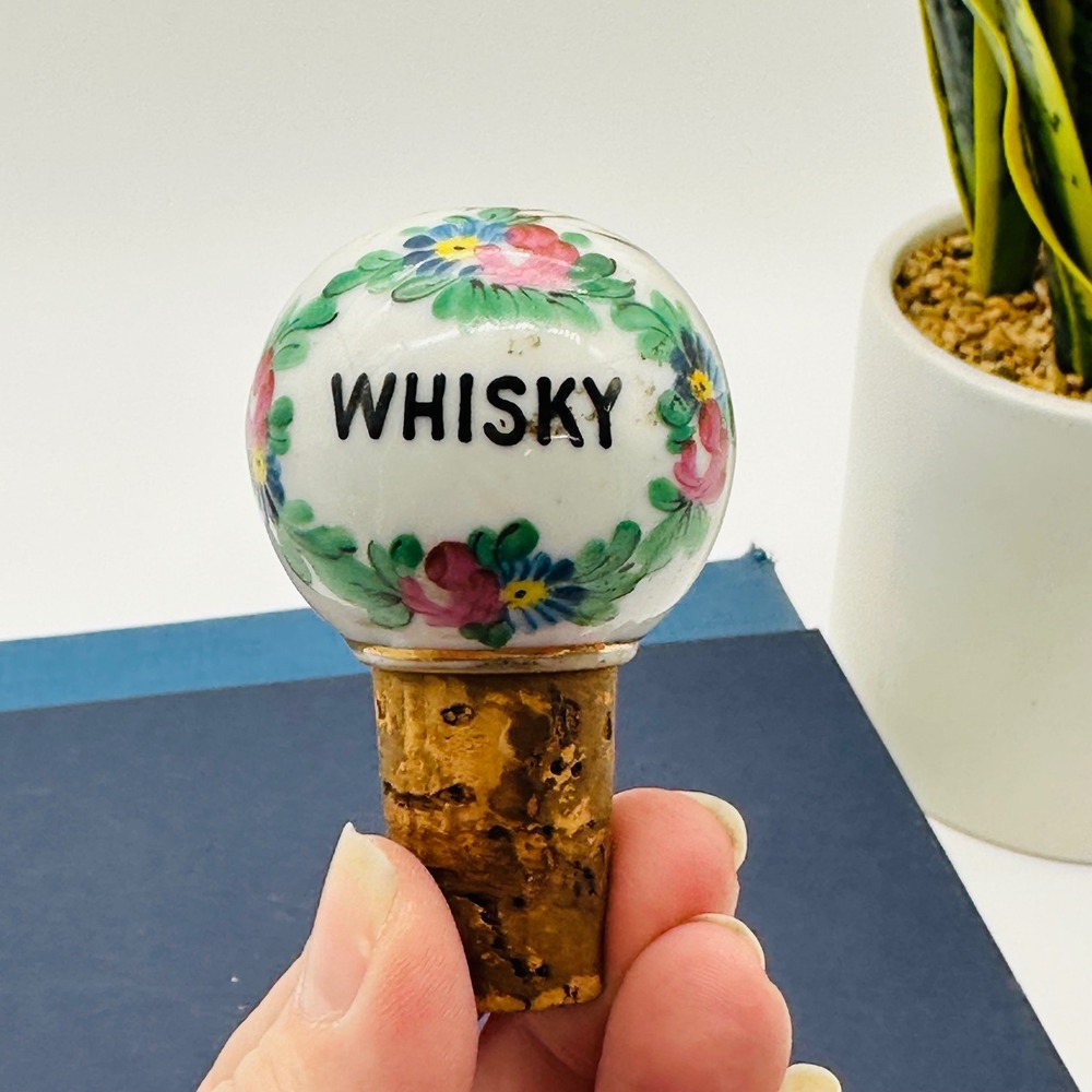 Vintage Whisky Bottle Stopper Floral Hand Painted Ceramic Cork Barware Whiskey